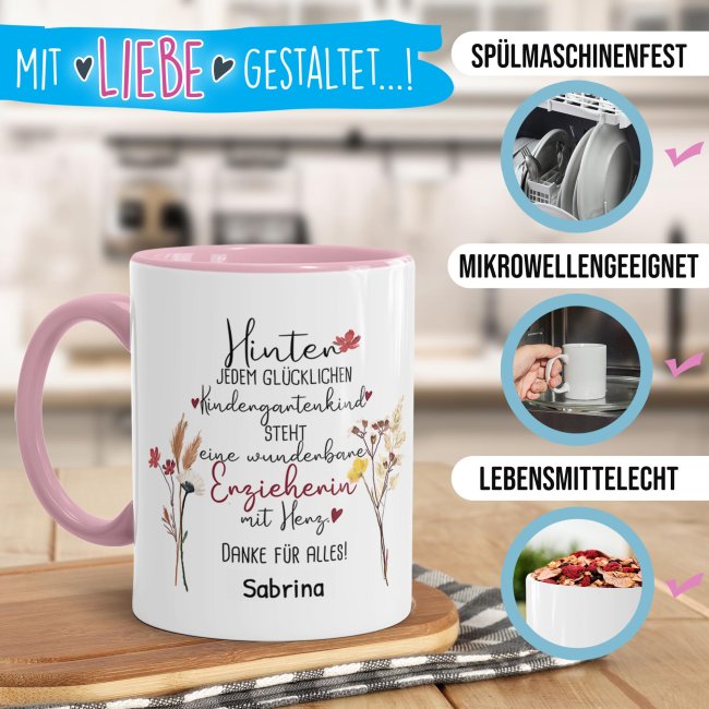 Tasse f&uuml;r Erzieherin - Hinter jedem Kind - Blumen - mit Name personalisierbar - Rosa
