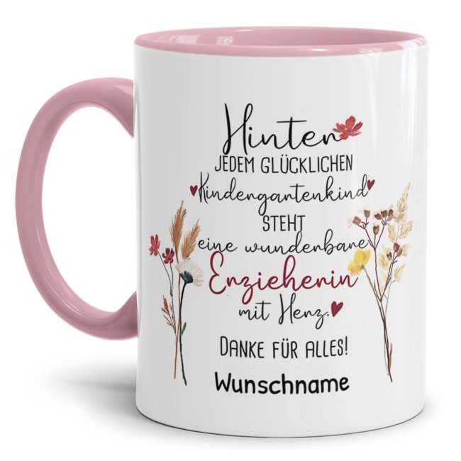 Tasse f&uuml;r Erzieherin - Hinter jedem Kind - Blumen - mit Name personalisierbar - Rosa