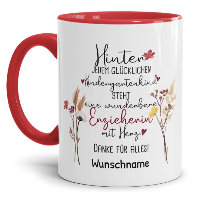 Tasse f&uuml;r Erzieherin - Hinter jedem Kind - Blumen - mit Name personalisierbar - Rot