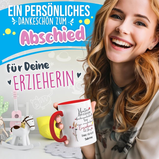 Tasse f&uuml;r Erzieherin - Hinter jedem Kind - Blumen - mit Name personalisierbar - Rot