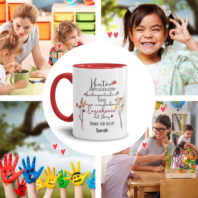 Tasse f&uuml;r Erzieherin - Hinter jedem Kind - Blumen - mit Name personalisierbar - Rot
