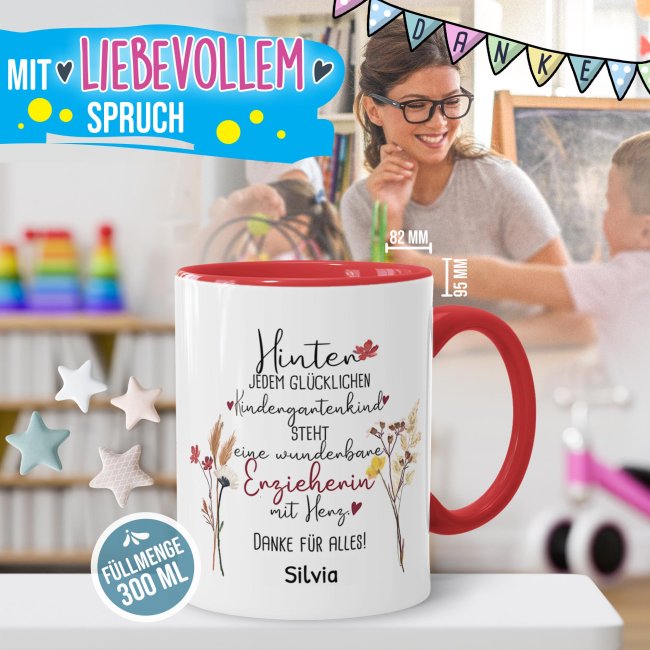 Tasse f&uuml;r Erzieherin - Hinter jedem Kind - Blumen - mit Name personalisierbar - Rot