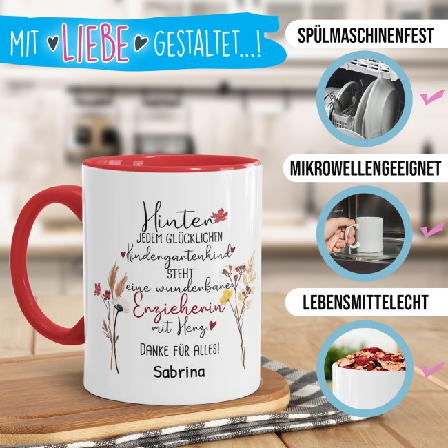 Tasse f&uuml;r Erzieherin - Hinter jedem Kind - Blumen - mit Name personalisierbar - Rot