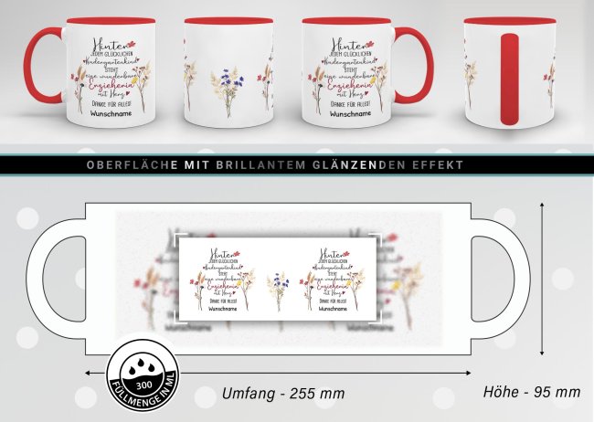 Tasse f&uuml;r Erzieherin - Hinter jedem Kind - Blumen - mit Name personalisierbar - Rot