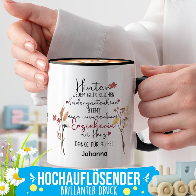 Tasse f&uuml;r Erzieherin - Hinter jedem Kind - Blumen - mit Name personalisierbar - Schwarz