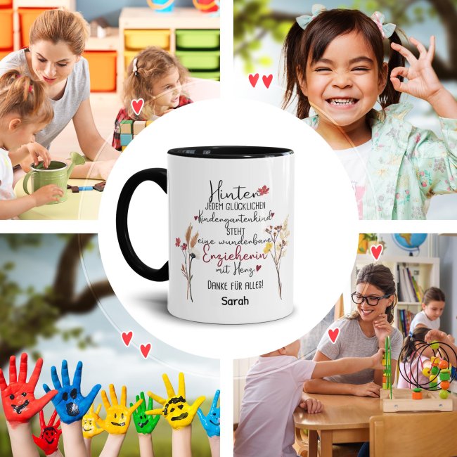Tasse f&uuml;r Erzieherin - Hinter jedem Kind - Blumen - mit Name personalisierbar - Schwarz