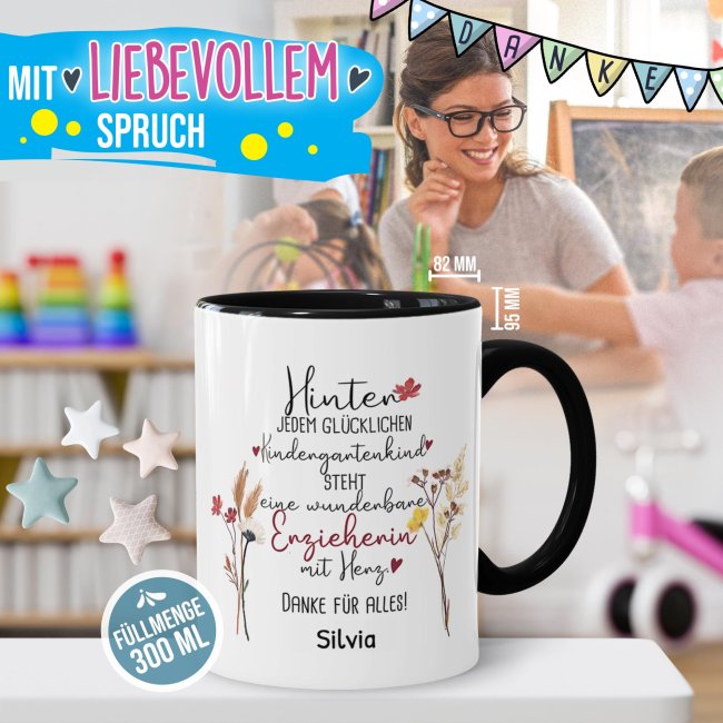 Tasse f&uuml;r Erzieherin - Hinter jedem Kind - Blumen - mit Name personalisierbar - Schwarz