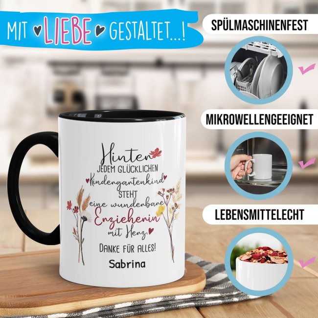 Tasse f&uuml;r Erzieherin - Hinter jedem Kind - Blumen - mit Name personalisierbar - Schwarz