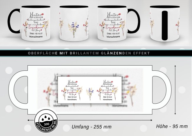 Tasse f&uuml;r Erzieherin - Hinter jedem Kind - Blumen - mit Name personalisierbar - Schwarz