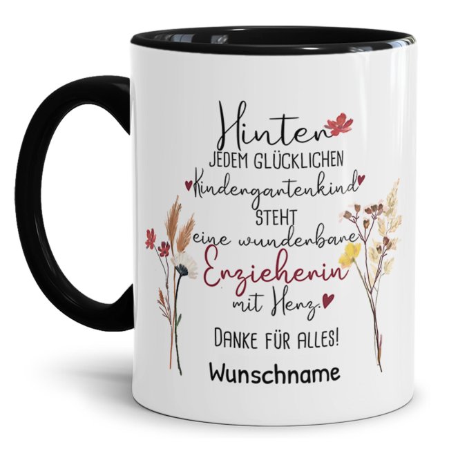 Tasse f&uuml;r Erzieherin - Hinter jedem Kind - Blumen - mit Name personalisierbar - Schwarz