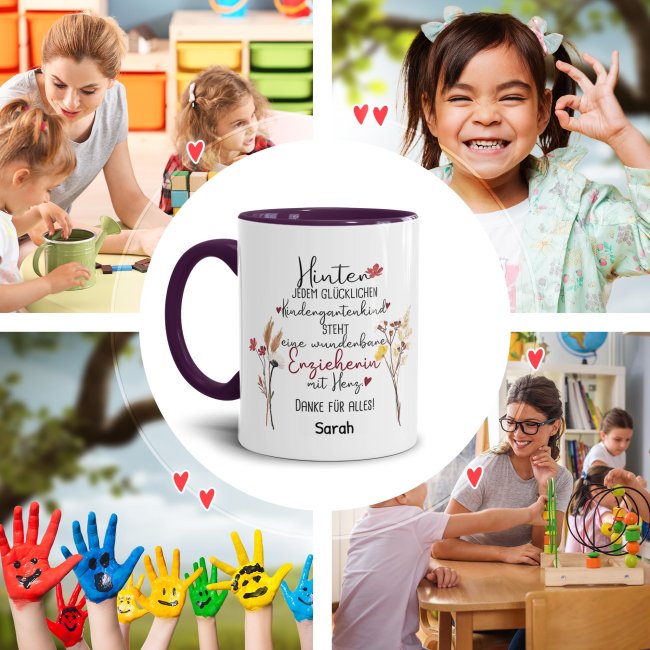 Tasse f&uuml;r Erzieherin - Hinter jedem Kind - Blumen - mit Name personalisierbar - Violett