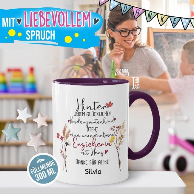 Tasse f&uuml;r Erzieherin - Hinter jedem Kind - Blumen - mit Name personalisierbar - Violett