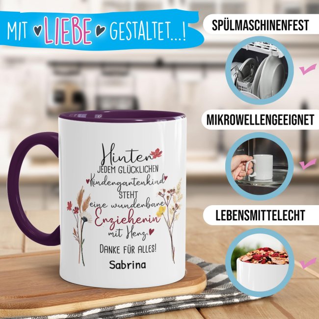Tasse f&uuml;r Erzieherin - Hinter jedem Kind - Blumen - mit Name personalisierbar - Violett