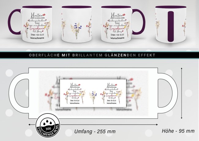 Tasse f&uuml;r Erzieherin - Hinter jedem Kind - Blumen - mit Name personalisierbar - Violett