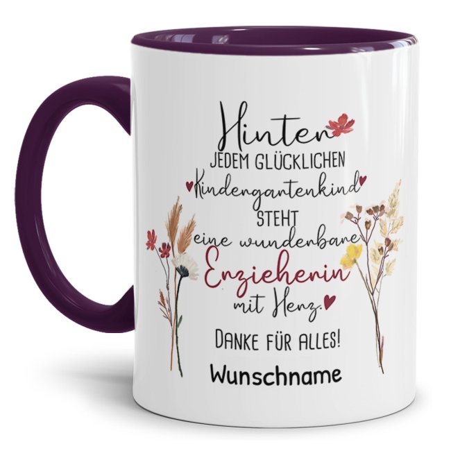 Tasse f&uuml;r Erzieherin - Hinter jedem Kind - Blumen - mit Name personalisierbar - Violett