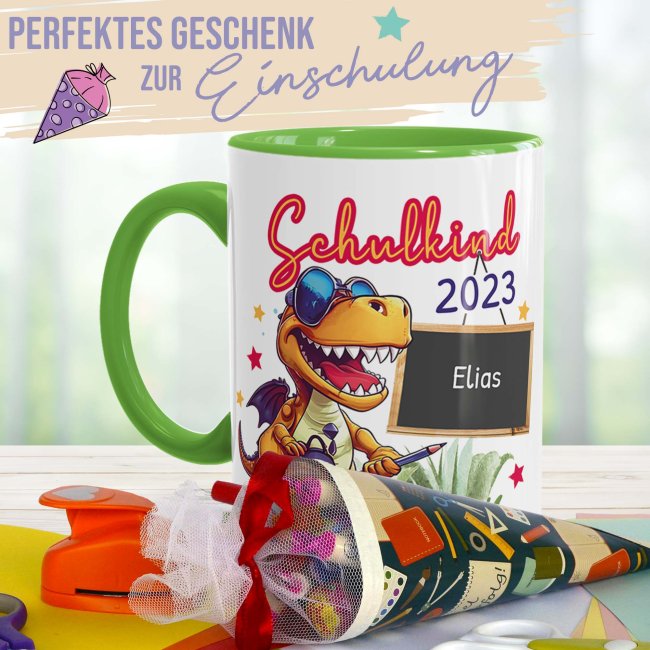 Tasse zur Einschulung - Dino - Schulkind - mit Jahr und Name personalisierbar - Hellgr&uuml;n