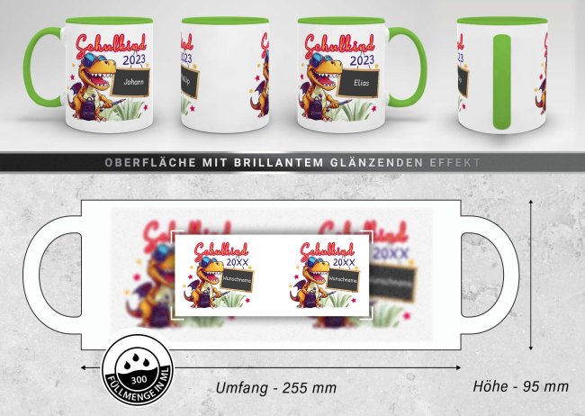 Tasse zur Einschulung - Dino - Schulkind - mit Jahr und Name personalisierbar - Hellgr&uuml;n