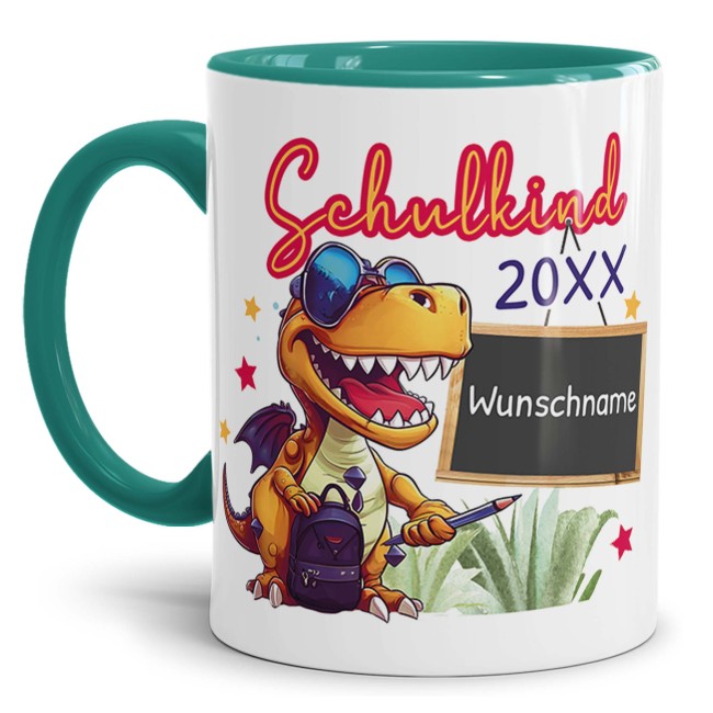Tasse zur Einschulung - Dino - Schulkind - mit Jahr und Name personalisierbar - T&uuml;rkis