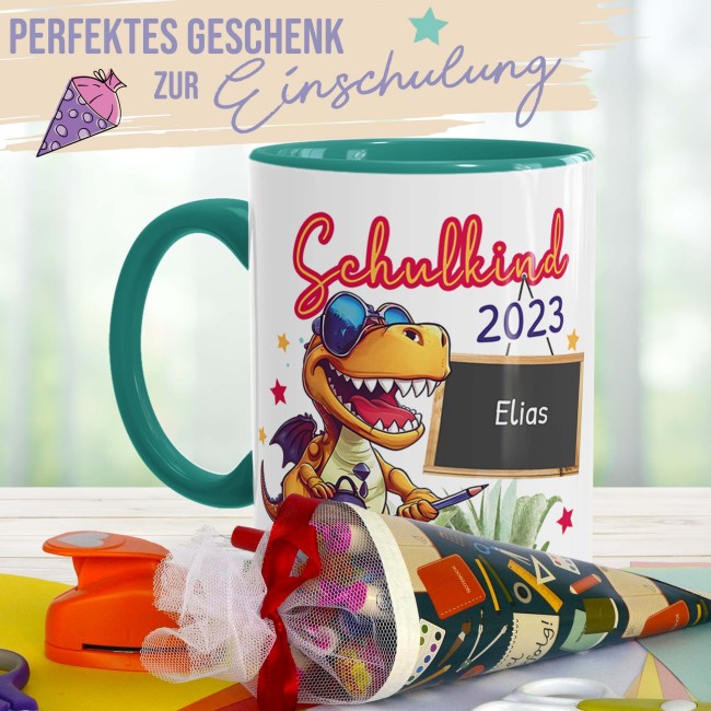 Tasse zur Einschulung - Dino - Schulkind - mit Jahr und Name personalisierbar - T&uuml;rkis