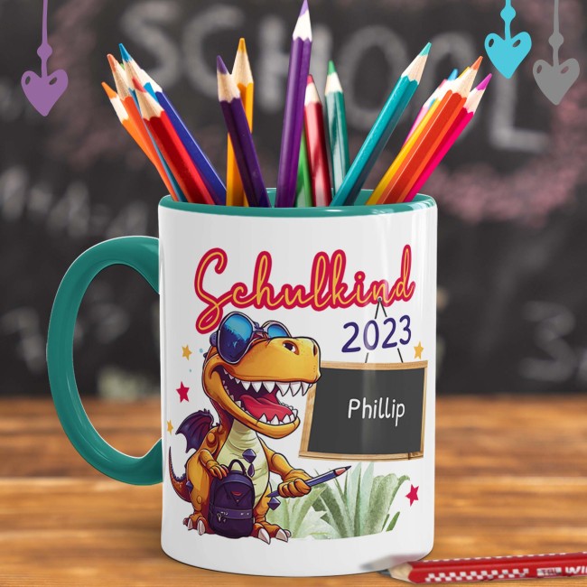 Tasse zur Einschulung - Dino - Schulkind - mit Jahr und Name personalisierbar - T&uuml;rkis