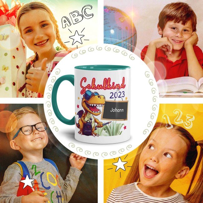 Tasse zur Einschulung - Dino - Schulkind - mit Jahr und Name personalisierbar - T&uuml;rkis