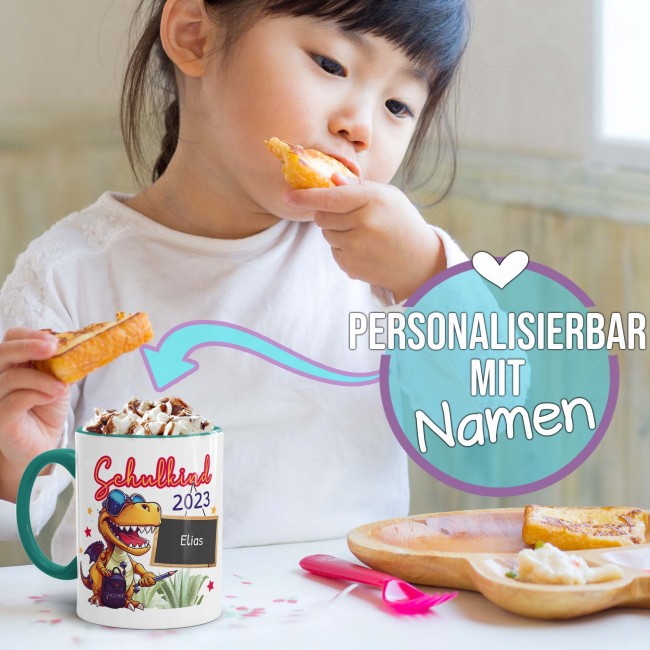 Tasse zur Einschulung - Dino - Schulkind - mit Jahr und Name personalisierbar - T&uuml;rkis