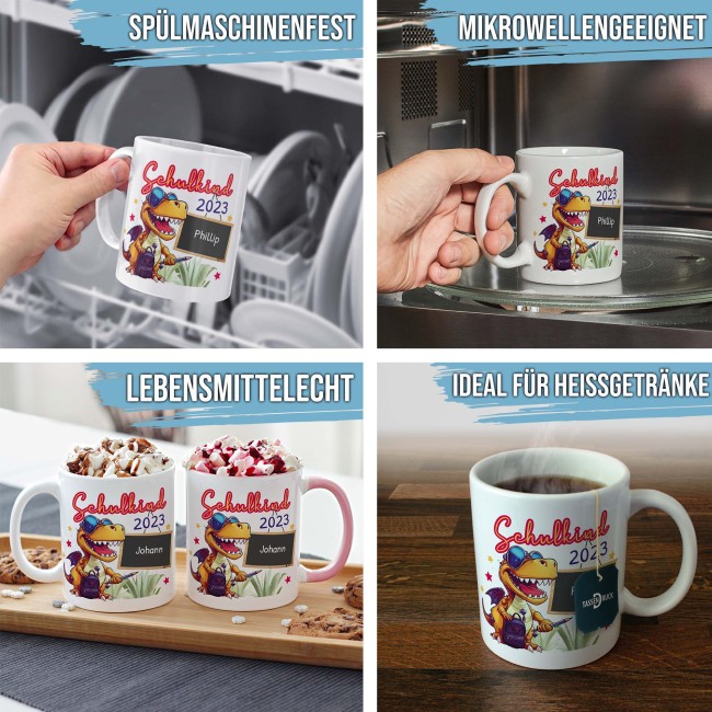Tasse zur Einschulung - Dino - Schulkind - mit Jahr und Name personalisierbar - T&uuml;rkis