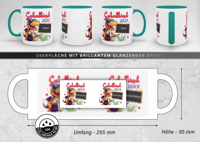Tasse zur Einschulung - Dino - Schulkind - mit Jahr und Name personalisierbar - T&uuml;rkis