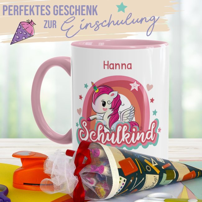 Tasse zur Einschulung - Einhorn - Schulkind - mit Jahr und Name personalisierbar - Rosa