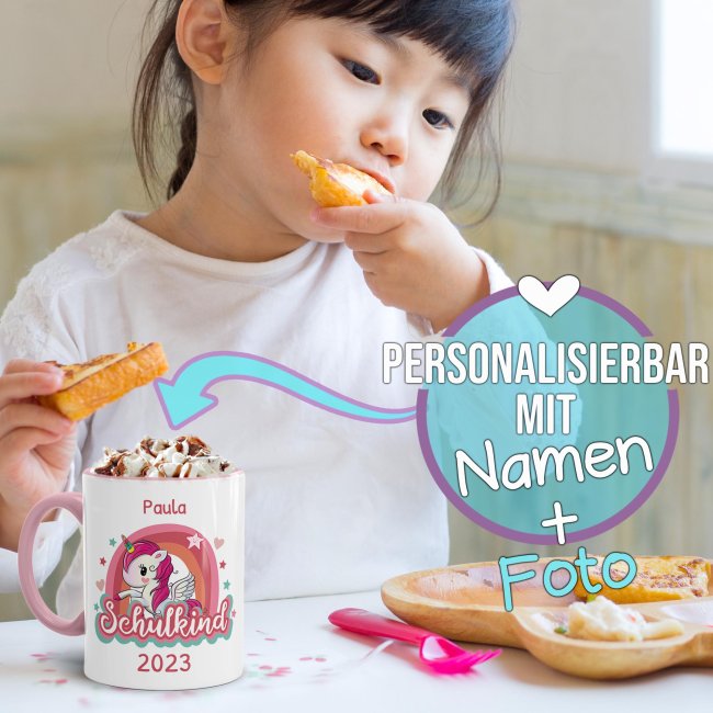 Tasse zur Einschulung - Einhorn - Schulkind - mit Jahr und Name personalisierbar - Rosa