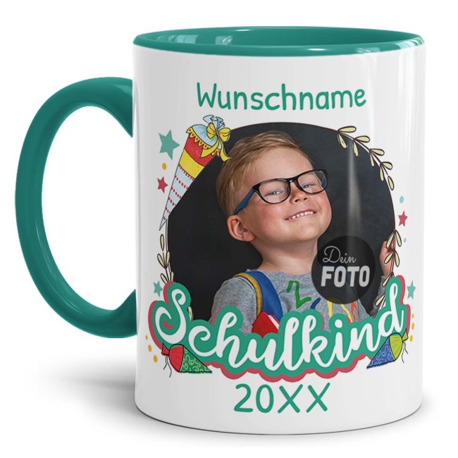 Personaliserte Tasse zum Schulstart - Schulkind T&uuml;rkis - mit Foto, Jahr und Name - T&uuml;rkis