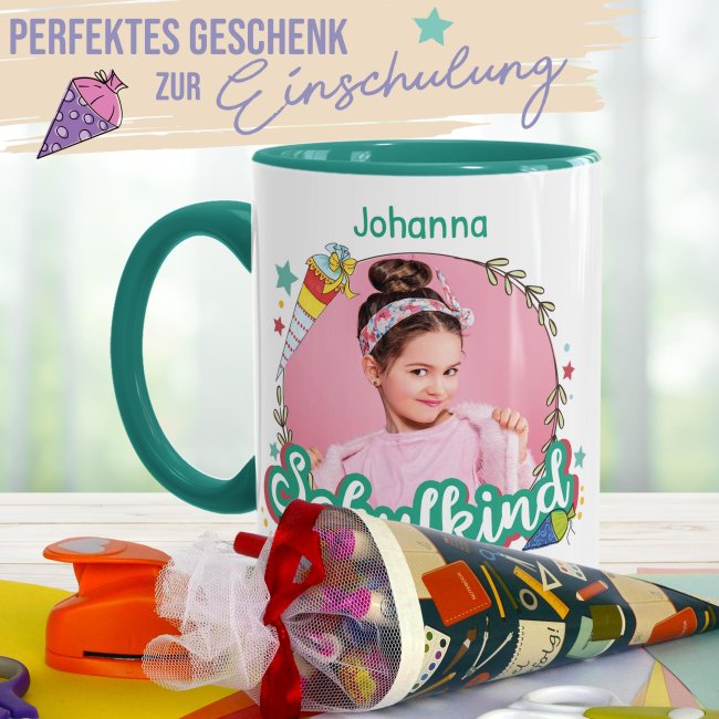 Personaliserte Tasse zum Schulstart - Schulkind T&uuml;rkis - mit Foto, Jahr und Name - T&uuml;rkis