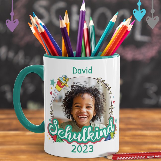 Personaliserte Tasse zum Schulstart - Schulkind T&uuml;rkis - mit Foto, Jahr und Name - T&uuml;rkis