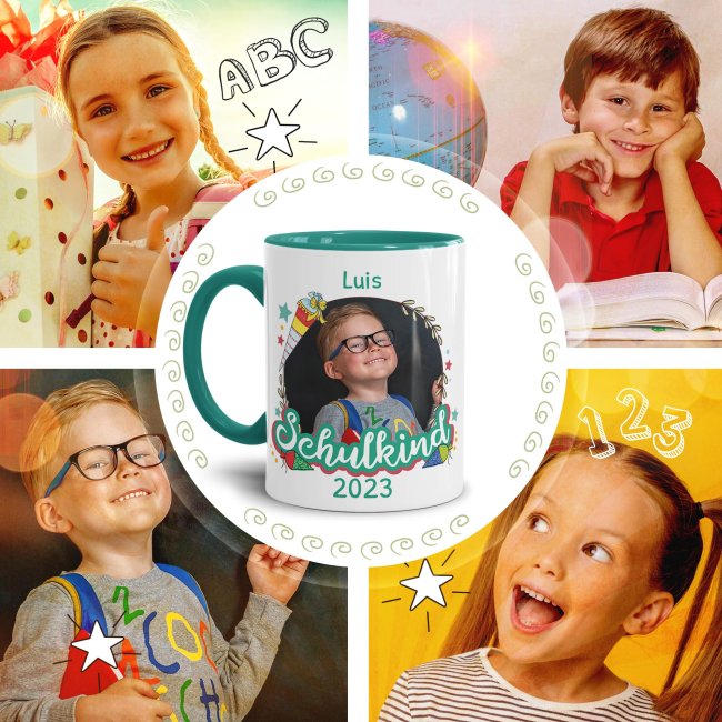 Personaliserte Tasse zum Schulstart - Schulkind T&uuml;rkis - mit Foto, Jahr und Name - T&uuml;rkis