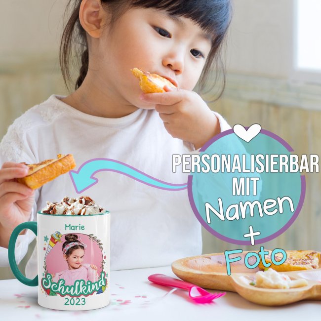 Personaliserte Tasse zum Schulstart - Schulkind T&uuml;rkis - mit Foto, Jahr und Name - T&uuml;rkis
