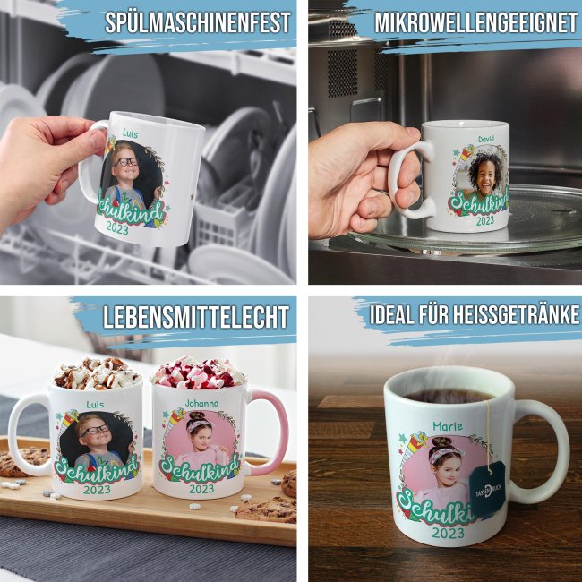 Personaliserte Tasse zum Schulstart - Schulkind T&uuml;rkis - mit Foto, Jahr und Name - T&uuml;rkis