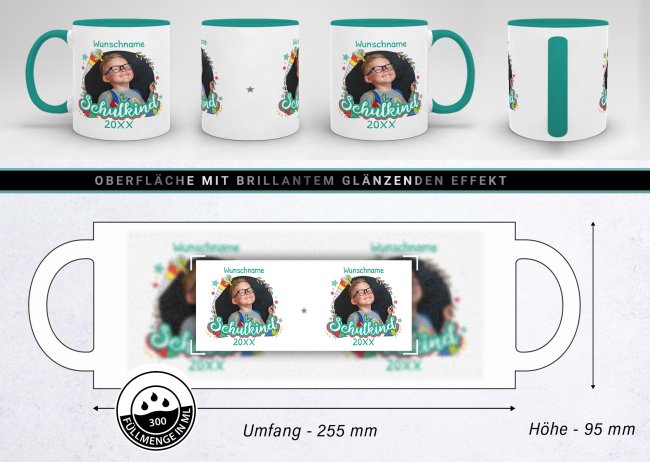 Personaliserte Tasse zum Schulstart - Schulkind T&uuml;rkis - mit Foto, Jahr und Name - T&uuml;rkis