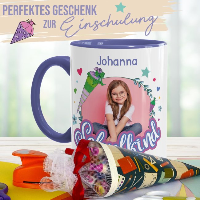 Tasse zur Einschulung - Schulkind Rosa - mit Foto, Jahr und Name personalisierbar - Cambridge Blau