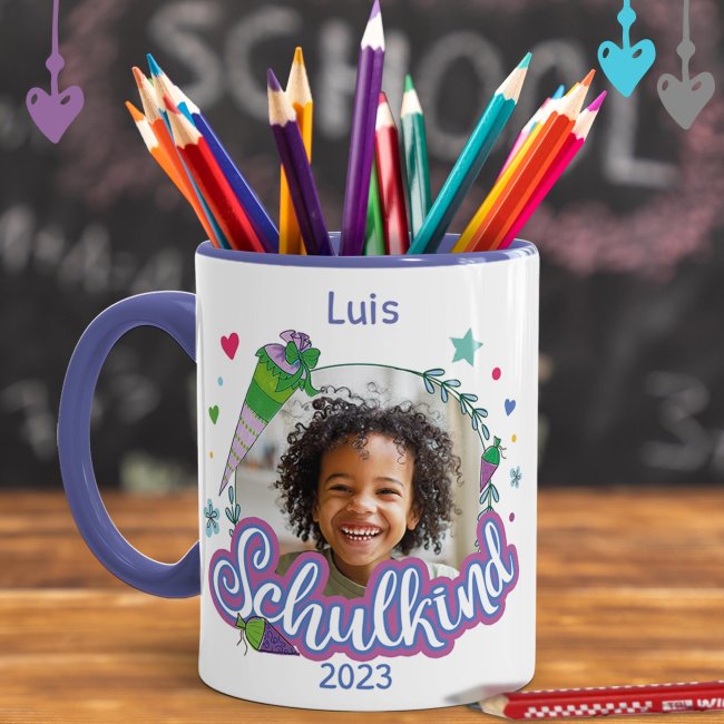Tasse zur Einschulung - Schulkind Rosa - mit Foto, Jahr und Name personalisierbar - Cambridge Blau