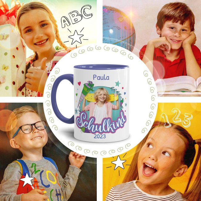 Tasse zur Einschulung - Schulkind Rosa - mit Foto, Jahr und Name personalisierbar - Cambridge Blau