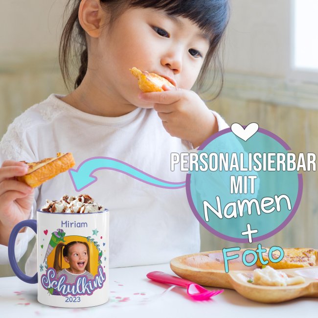 Tasse zur Einschulung - Schulkind Rosa - mit Foto, Jahr und Name personalisierbar - Cambridge Blau
