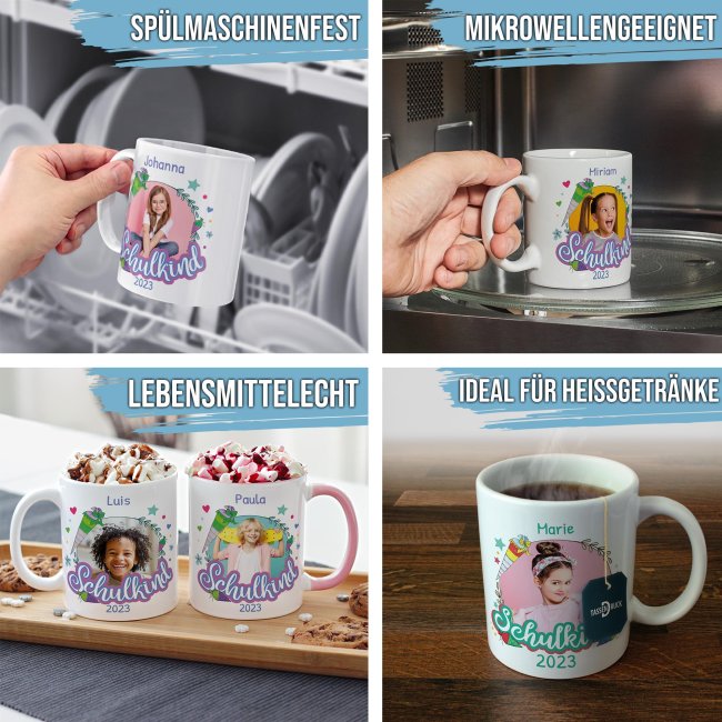 Tasse zur Einschulung - Schulkind Rosa - mit Foto, Jahr und Name personalisierbar - Cambridge Blau