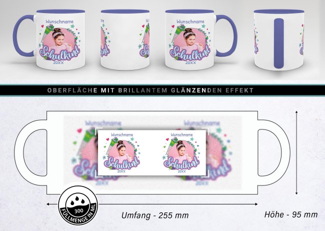 Tasse zur Einschulung - Schulkind Rosa - mit Foto, Jahr und Name personalisierbar - Cambridge Blau