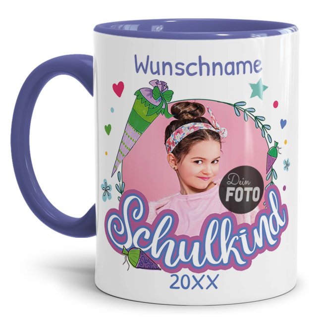 Tasse zur Einschulung - Schulkind Rosa - mit Foto, Jahr und Name personalisierbar - Cambridge Blau