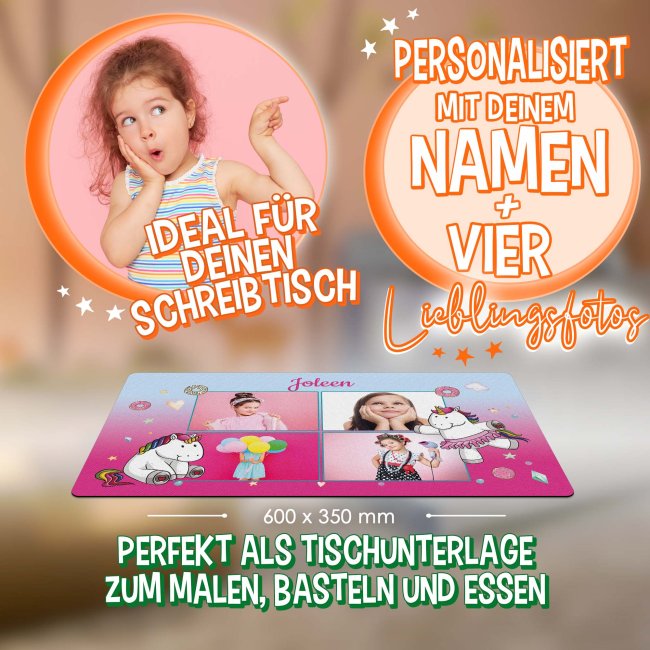 Schreibtischunterlage f&uuml;r Kinder - Einhorn - Donuts - mit Fotos und Name personalisierbar - in zwei Gr&ouml;&szlig;en