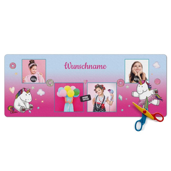 Schreibtischunterlage f&uuml;r Kinder - Einhorn - Donuts - mit Fotos und Name personalisierbar - 80 x 30 cm