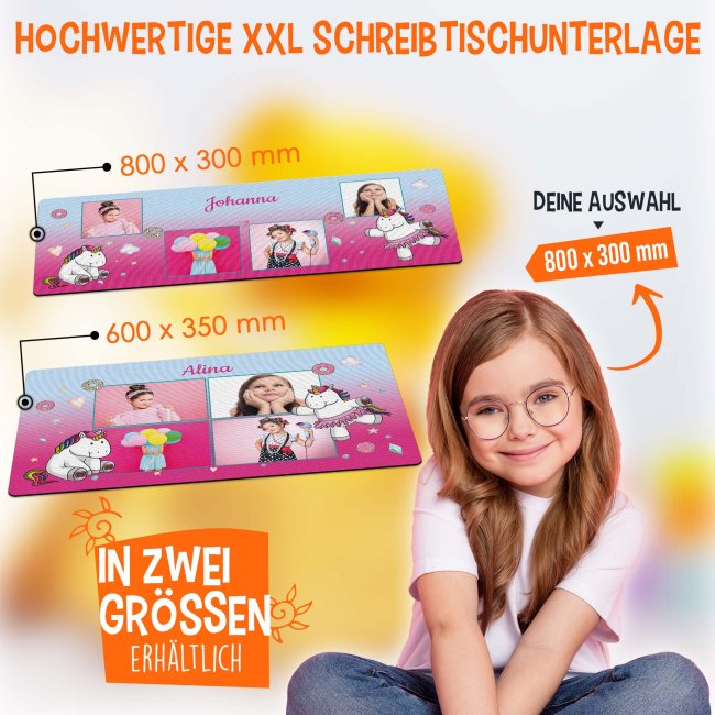 Schreibtischunterlage f&uuml;r Kinder - Einhorn - Donuts - mit Fotos und Name personalisierbar - 80 x 30 cm