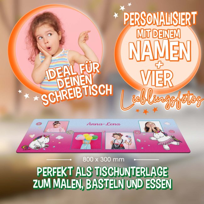 Schreibtischunterlage f&uuml;r Kinder - Einhorn - Donuts - mit Fotos und Name personalisierbar - 80 x 30 cm