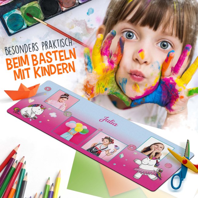 Schreibtischunterlage f&uuml;r Kinder - Einhorn - Donuts - mit Fotos und Name personalisierbar - 80 x 30 cm