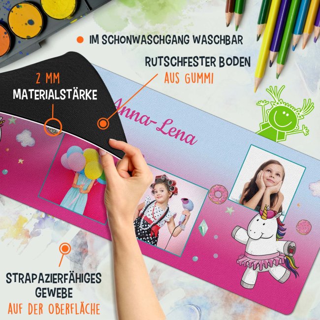 Schreibtischunterlage f&uuml;r Kinder - Einhorn - Donuts - mit Fotos und Name personalisierbar - 80 x 30 cm